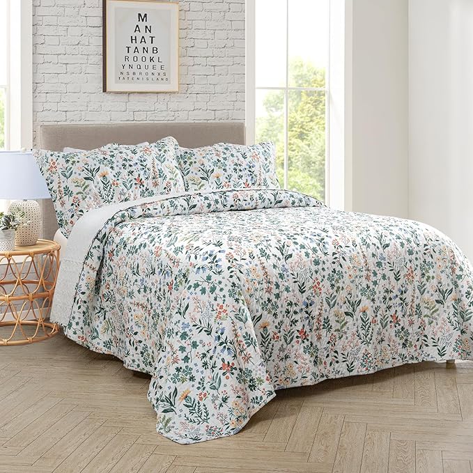 Travan 3-Piece Quilt Set Quilted Bedspread Lightweight Coverlet Set Garden Style Floral Printed Oversized Quilted Bedding Set with Shams for All Season, Exquisite, King Size