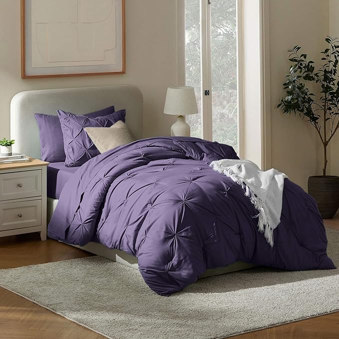 Nestl Twin XL Comforter Set 5 Piece - Pintuck Twin XL Bedding Set Purple, College Dorm Room Essentials with Sheets, Pillowcase and Sham