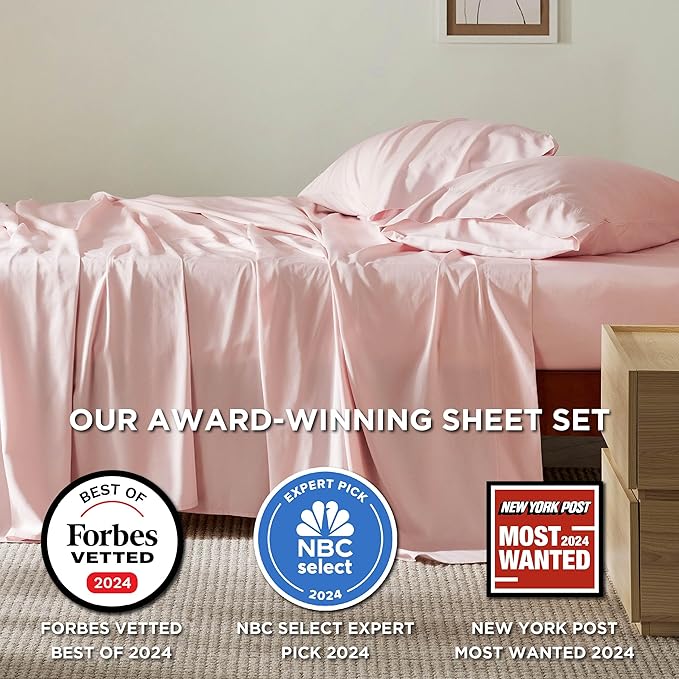 Bedsure Queen Sheet Set, Rayon Derived from Bamboo, Cooling Sheets, Breathable & Soft, Deep Pocket Up to 16 Inches, Hotel Luxury Silky Bedding for Hot Sleepers, Pink