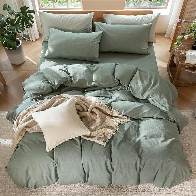 MooMee Bedding Duvet Cover Set 100% Washed Cotton Linen Like Textured Breathable Durable Soft Comfy (Heathered Green, King 104"x90")