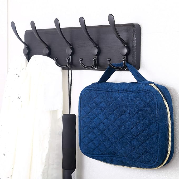 SKOLOO Rustic Wall Mounted Coat Rack: 16" Hole to Hole, Pine Real Wood Plank Wall Coat Rack with 5 Triple Hooks, Farmhouse Coat Hanger Wall Mount for Hanging Backpack Jacket Coat Hat