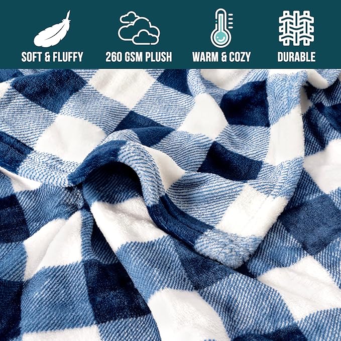 PAVILIA Buffalo Check Fleece Throw Blanket | Blue White Checkered Plaid Flannel Blanket | Soft Velvet Lightweight Microfiber Blanket for Couch Sofa | 50x60 Inches Checker Navy
