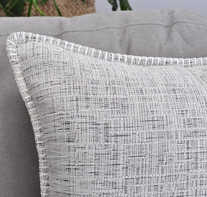 20x20 Stitched Edge Textured Chenille Throw Pillow Covers Cream White & Black Texture Set of 2 Soft Cushion Covers Modern Farmhouse Decorative Square Pillow Cases for Couch Sofa