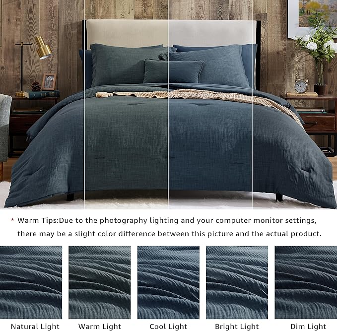 Geniospin King Size Comforter Set- 7 Piece Navy Blue Textured King Bedding Set, Soft Solid Bed in a Bag for All Season, King Comforter Set with Sheets(Navy Blue,102''x90'')