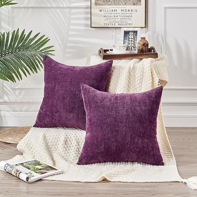 GAWAMAY Decorative Square Throw Pillow Covers 20"x20" Inch Set of 2, Super Soft Chenille Pillows Farmhouse Fall Pillowcase for Living Room Bedroom Sofa Couch Cushion Cover Purple 50x50cm (No Insert)