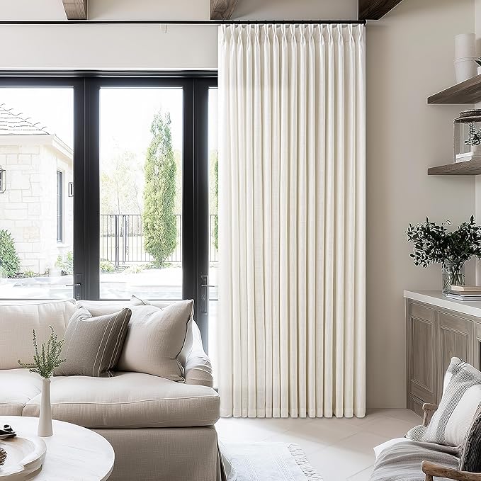 Extra Wide Linen Curtains 90 Inches Long 70 Inch Wide for Living Room Bedroom Light Filtering Cream Natural Pinch Pleated Curtains Neutral Boho Hooks Rings Back Tab Sliding Glass Door 1 Panel 70Wx90L