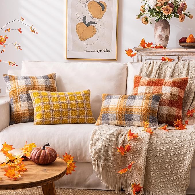 Orange Plaid Fall Throw Pillow Covers 24x24 Inch Set of 2, Boucle Decorative Pillow Covers,Cozy Fluffy Home Living Room Farmhouse Decor for Sofa Couch Bed