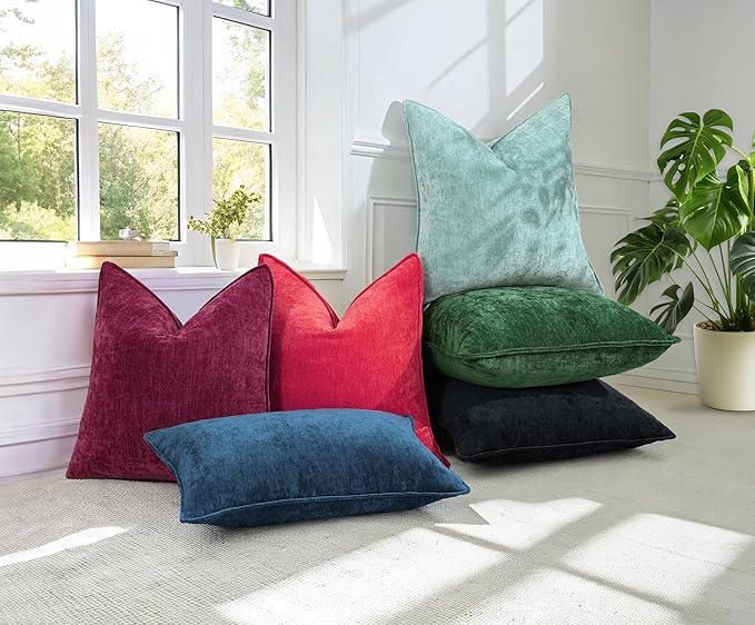 decorUhome Christmas Couch Throw Pillow Covers 26x26 Set of 2, Decorative Soft Euro Neutral Chenille Pillow Covers with Elegant Design for Sofa Bed Living Room Home Decor, Green