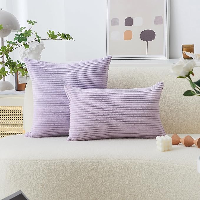 Home Brilliant Light Purple Throw Pillow Cover for Floor Solid Supersoft Corduroy Decorative Velvet Pillow Case for Bed, Lavender, 26x26 inches (66cm)