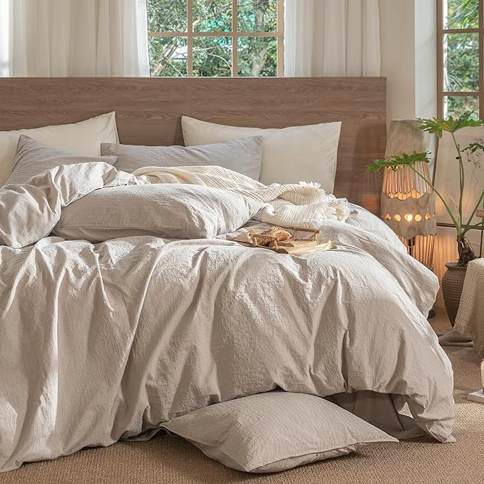 MooMee Wavy Striped Duvet Cover Set 100% Washed Cotton Linen Like Textured Breathable Durable Soft Comfy (Beige, Super Queen 90"x98")