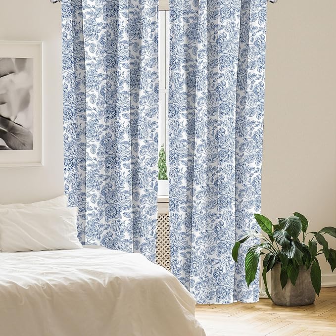 Ambesonne Rose Window Curtains Pack of 2, Vintage Design of Monochromatic Flowers with Leaves Drawing, Lightweight Set with Rod Pocket, 4 Panels of - 28" x 84", Pale Blue