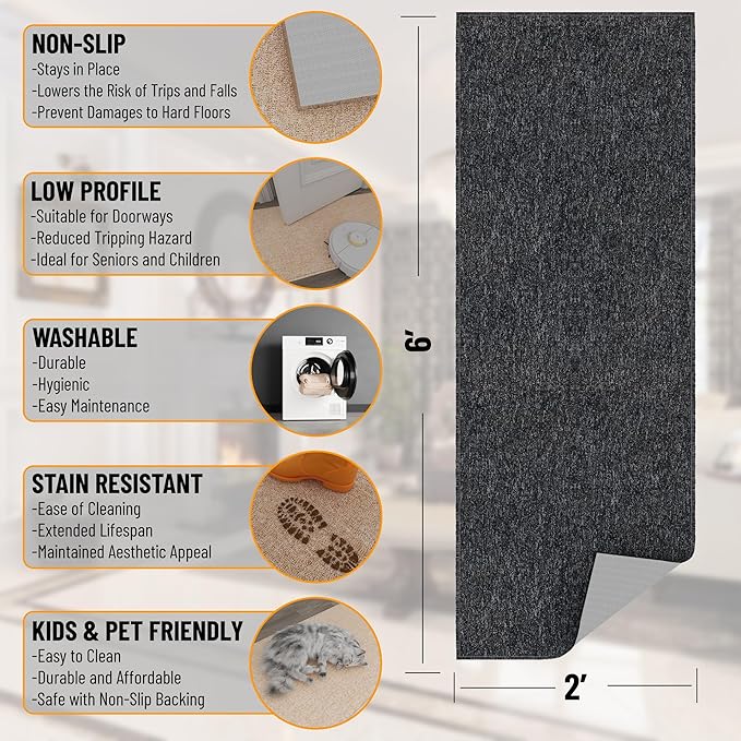 Ottomanson 2' x 6' Ultra-Thin Hallway Runner Rug - Durable Non-Slip Carpet for High-Traffic Areas - Fits Under Doors for Seamless Entry - Ideal for Kitchen, Entryway, Bedroom & Living Room, Black