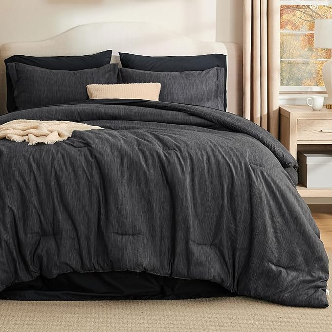 Bedsure Queen Comforter Set Black - Bed in a Bag Queen Size Bedding 7 Pieces, Cationic Dyed Bed Set Gift for Family, Black Soft Bedding for All Seasons Comforter with Sheets, Pillowcases & Shams
