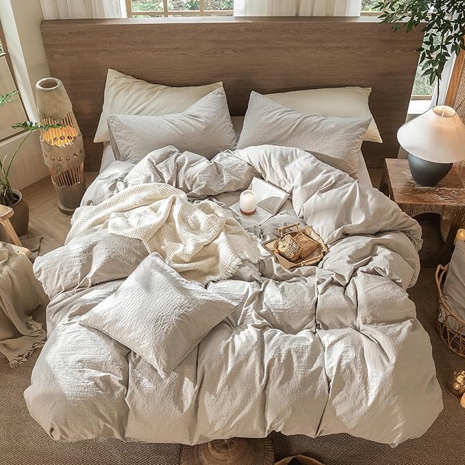 MooMee Wavy Striped Duvet Cover Set 100% Washed Cotton Linen Like Textured Breathable Durable Soft Comfy (Beige, Super Queen 90"x98")