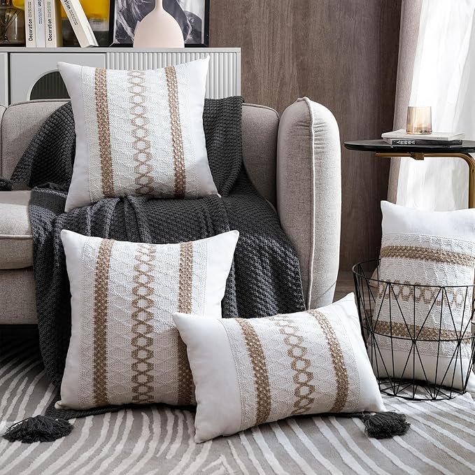 Boho Throw Pillow Covers 18x18 Set of 2 Soft Linen Farmhouse Pillow Covers Rustic Neutral Decorative Pillow Cases for Couch,Bed,Living Room Home Decor