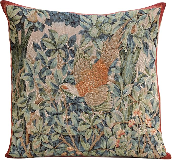 Charlotte Home Furnishings Decorative Tapestry Pillow Cover 19x19 in, Green Pheasant Couch Throw Pillow Cover, French Country Square Cushion Cases for Bed Room Home Decor, Soft Cotton Jacquard Woven