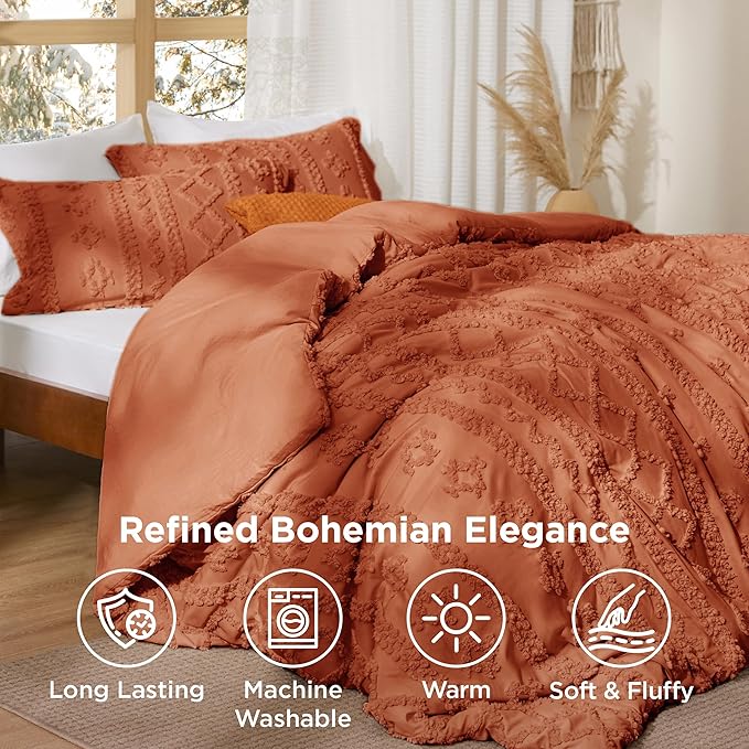 Bedsure Tufted Boho Comforter Set California King - Terracotta Boho Bed Set, GentleSoft™ 3 Pieces Farmhouse Shabby Chic Embroidery Bedding, Gifts for Woman, Soft Jacquard Comforter for All Seasons