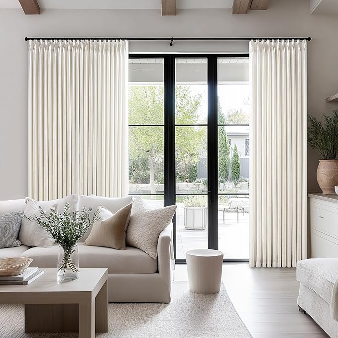 Natural Pinch Pleated Extra Wide Linen Curtains 84 Inches Long for Patio Sliding Glass Door 60 Inch Wide Pleated Drapes for Living Room with Hooks Rings Neutral Cream Semi Sheer 60x84 Curtain 1 Panel