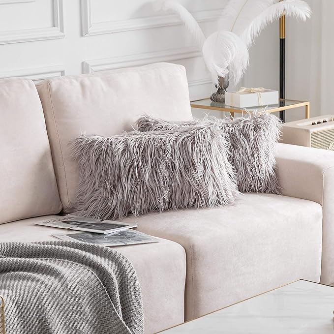Home Brilliant Lumbar Pillow Cover Decorative Faux Fur Oblong Fuzzy Throw Pillow Covers for Couch Sofa Bed, 12x20inches, 30 x 50cm, Set of 2, Light Grey