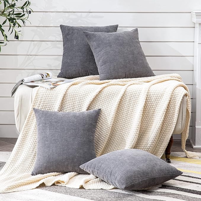 GAWAMAY Decorative Square Throw Pillow Covers 18"x18" Inch Set of 4, Super Soft Chenille Pillows Cover Fall Pillowcase for Living Room Bedroom Sofa Couch Cushion Cover Grey 45x45cm (No Insert)
