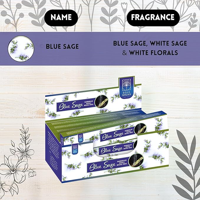 SOUL STICKS Hand-Rolled Incense Sticks Mystic Spirit Blends 180 Gram 12 Pack Box | 100% Natural Masala Incense Organic Home Fragrance Agarbatti (Blue Sage)