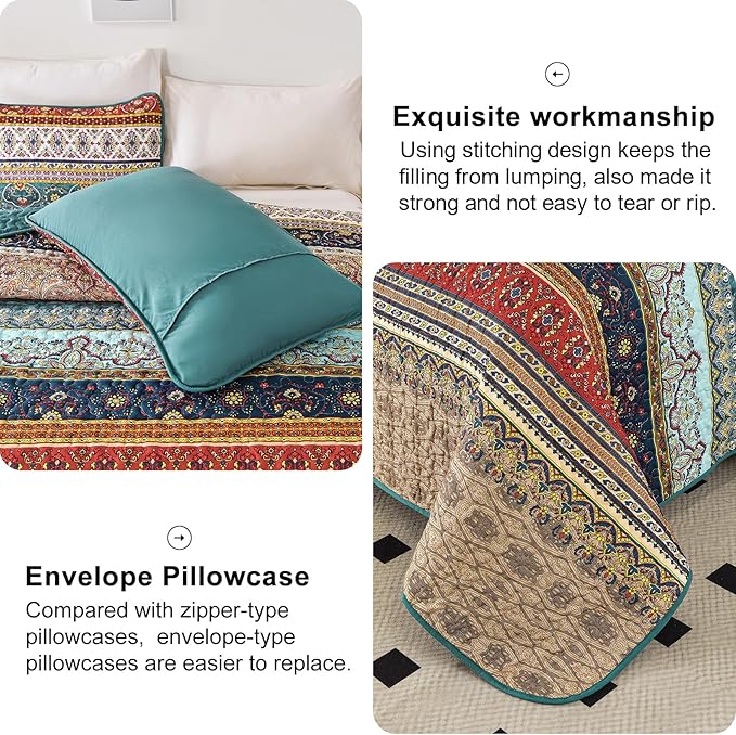 WONGS BEDDING Boho King Quilt Set, Green and Brown Bohemian King Quilt Bedding Set, Lightweight Microfiber Bed Decor Bedspread for All Season 103"x90"(3 Pieces)