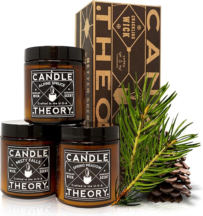 Scented Candle Gift Set with Crackling Wood Wicks 3, 4oz Candles, Misty Falls, Alpine Spruce, Spring Meadow - Designed for Both Men Women, Man Cave Decor Wood Wicks Candle Candles for Home