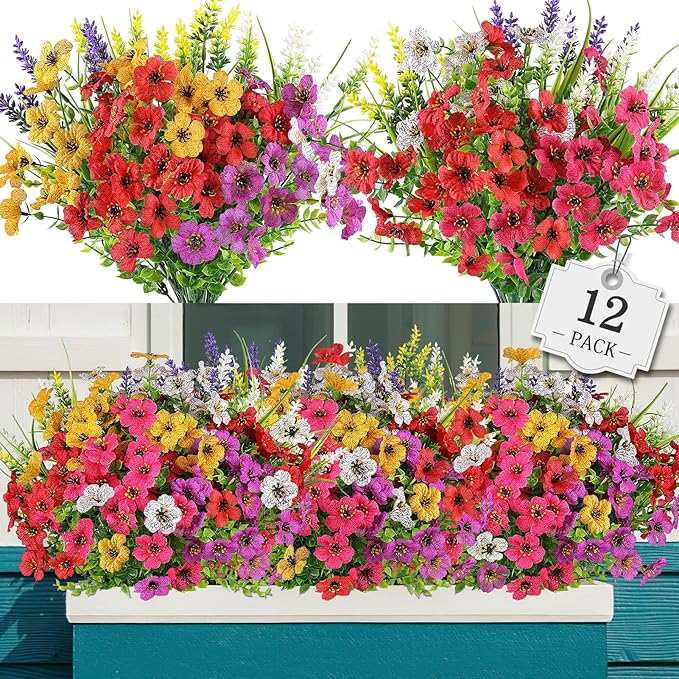 12 Bundles Artificial Flowers for Outdoor,No Fade Fake Plastic Flower Lavender Monkey Grass for Decoration,Faux Plants Hanging Planters Indoor Outside Garden Porch Window Box Home Wedding