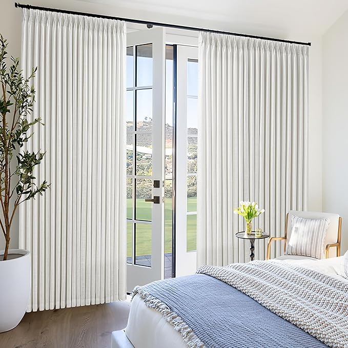 102 Inch Long Curtains Pinch Pleat Linen Curtains for Living Room Bedroom Cream White Light Filtering Privacy Neutral 102 Inch Pleated Drapes Hooks Rings Back Tab for Window Sliding Door 1 Panel