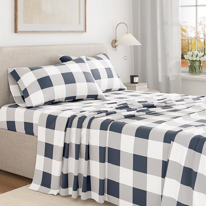 Great Bay Home Flannel Sheet Set Queen Size - 100% Turkish Cotton, Double-Brushed, Printed Bed Sheets - Ultra-Soft, Cozy, 4-Piece Bedding Set (Buffalo Check - Navy)