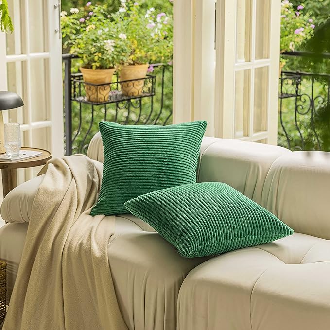 Home Brilliant Spring Decorative Spring Pillow Covers for Couch Plush Corduroy Striped Green Throw Pillow Covers Set of 2 for Living Room Sofa Bed Decor, 45cm, 18 x 18 Inch, Green