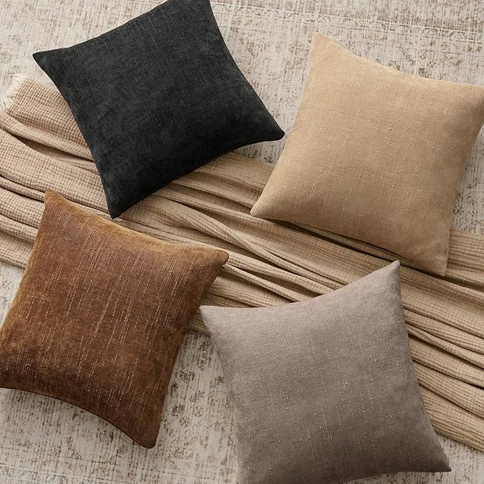 Woaboy Set of 2 Textured Throw Pillow Covers Decorative Soft Accent Square Chenille Pillowcases Neutral Farmhouse Cushions Modern Home Decor for Couch Sofa Bedroom Living Room 20x20 Inch, Light Taupe