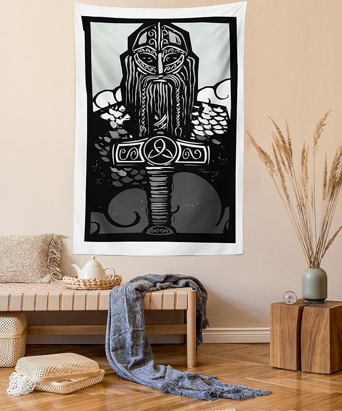 Lunarable Viking Tapestry, Thor Son of Odin Monochrome Design Guardian of Asgard Scandinavian Culture, Wall Hanging for Bedroom Living Room Dorm Decor, 40" X 60", Black White