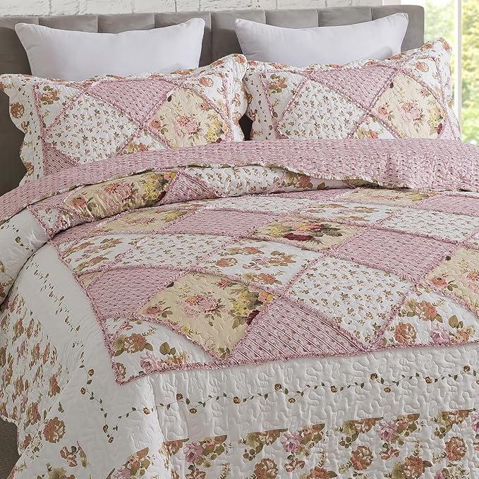 Travan 3-Piece Quilt Set Quilted Bedspread Lightweight Coverlet Set Garden Style Floral Printed Oversized Quilted Bedding Set with Shams for All Season, Exquisite, King Size