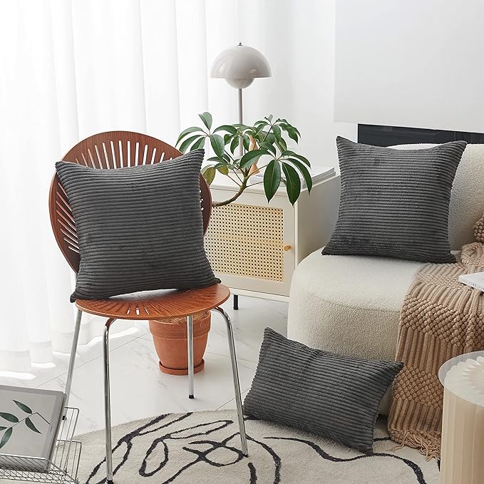 Home Brilliant Pillow Cover 26 x 26 Soft Striped Corduroy Decorative Euro Throw Pillow Sham for Couch, 66x66 cm, Dark Grey