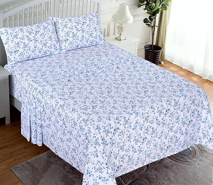 RUVANTI 100% Cotton King Size Sheets Set, 4 Pieces, Soft & Breathable Percale Weave Bedding, Deep Pocket 16", Hotel Standard, Crisp Cool Feel, Durable, Perfect Floral Bed Sheet, Annual