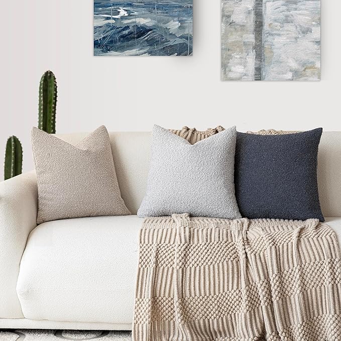 Foindtower Decorative Textured Boucle Throw Pillow Covers Accent Solid Pillow Cases Neutral Soft Cozy Couch Cushion Case for Chair Sofa Bedroom Living Room Home Decor 24 x 24 Inch,Light Grey
