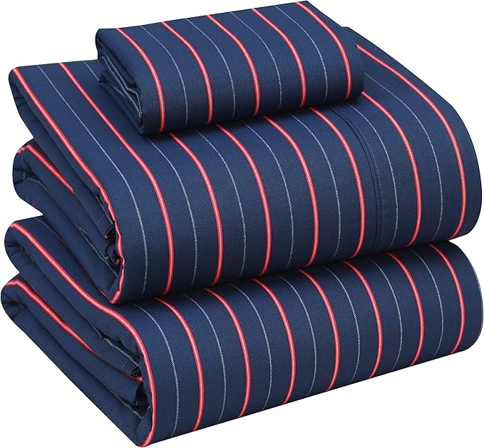 RUVANTI 100% Cotton Twin Sheets Set, 3 Pieces, Soft & Breathable Percale Weave Bedding, Deep Pocket 16", Hotel Standard, Crisp Cool Feel, Durable, Perfect Striped Bed Sheet, Nautical