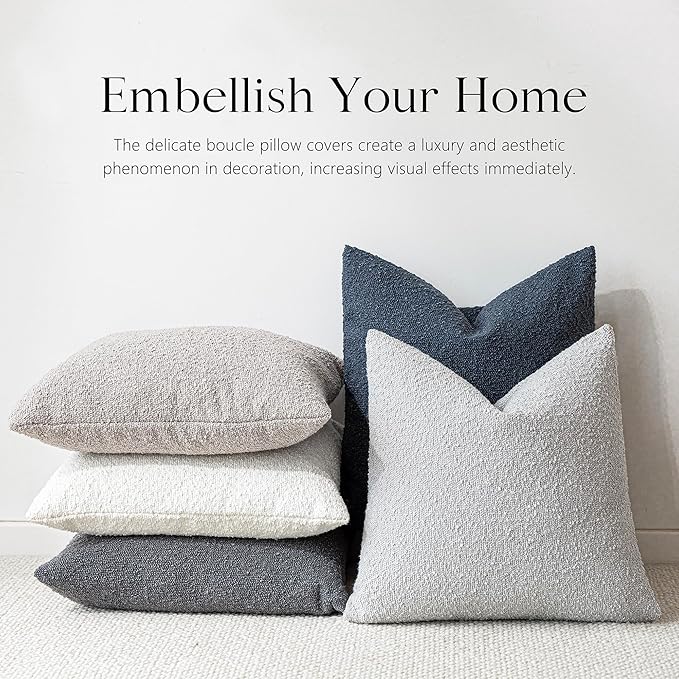 Foindtower Decorative Textured Boucle Throw Pillow Covers Accent Solid Pillow Cases Neutral Soft Cozy Couch Cushion Case for Chair Sofa Bedroom Living Room Home Decor 24 x 24 Inch,Light Grey