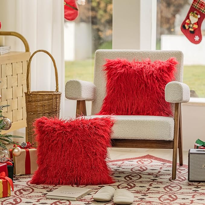 Home Brilliant Pillow Covers 18x18 Faux Fur Throw Pillow Covers Wedding Christmas Decorative Pillow Cases Red Cushion Covers Set of 2, 45cm x 45cm, Red