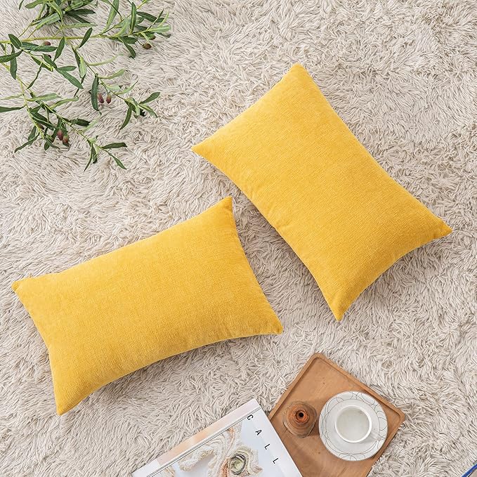GAWAMAY Lumbar Pillow Cover Decorative Throw Pillow Covers 12"x20" Inch Set of 2, Super Soft Chenille Pillowcase for Living Room Bedroom Sofa Couch Cushion Cover Mustard Yellow 30x50cm (ONLY Covers)