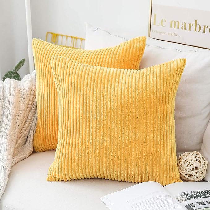 Home Brilliant Striped Corduroy Pillow Cover 24x24 Plush Texture Velvet Euro Throw Pillow Sham Covers for Chair Yellow Pillow Covers for Fall Winter Decoration, 24 x 24 inch, Sunflower Yellow