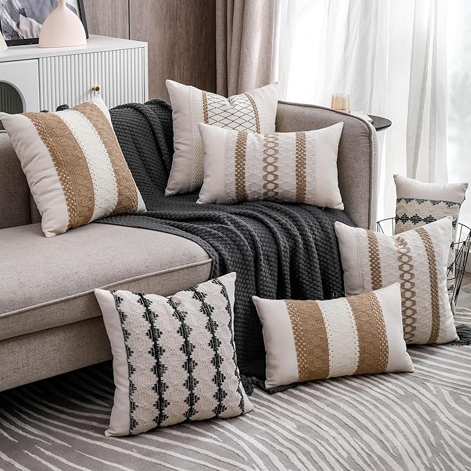 Boho Throw Pillow Covers 18x18 Set of 2 Soft Linen Farmhouse Pillow Covers Rustic Neutral Decorative Pillow Cases for Couch,Bed,Living Room Home Decor