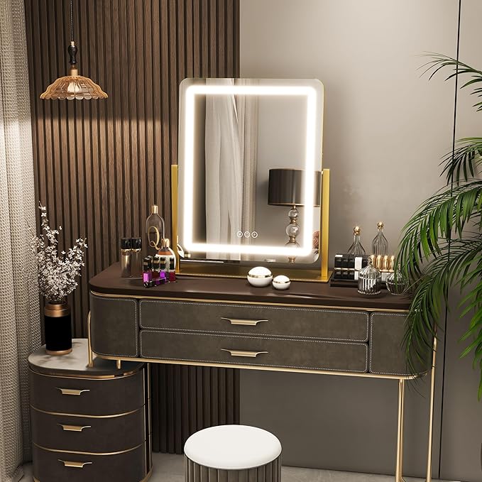 FENNIO Vanity Mirror with Lights 22 Inch- LED Lighted Makeup Mirror,Large Makeup Mirror with Lights,Touch Screen with 3-Color Lighting,Led Mirror Makeup,Dimmable(Gold)