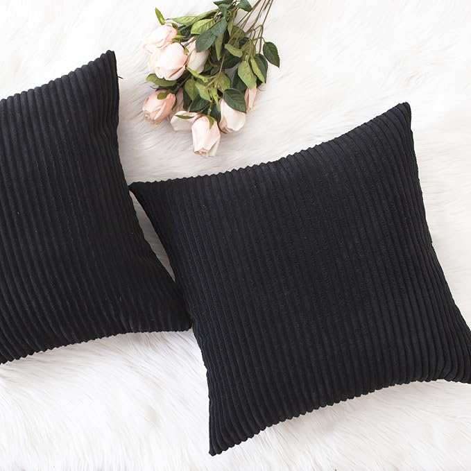 Home Brilliant Large Striped Corduroy Euro Sham Set of 2 Fall Throw Pillow Covers Couch Papasan Cushion Cover for Floor, 24 x 24 inch, Black
