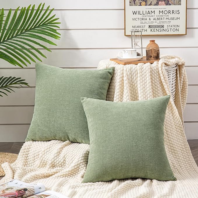 GAWAMAY Decorative Square Sage Green Throw Pillow Covers 18"x18" Inch Set of 2, Super Soft Chenille Pillows Farmhouse Fall Pillowcase for Living Room Bedroom Sofa Couch Cushion Cover 45x45cm