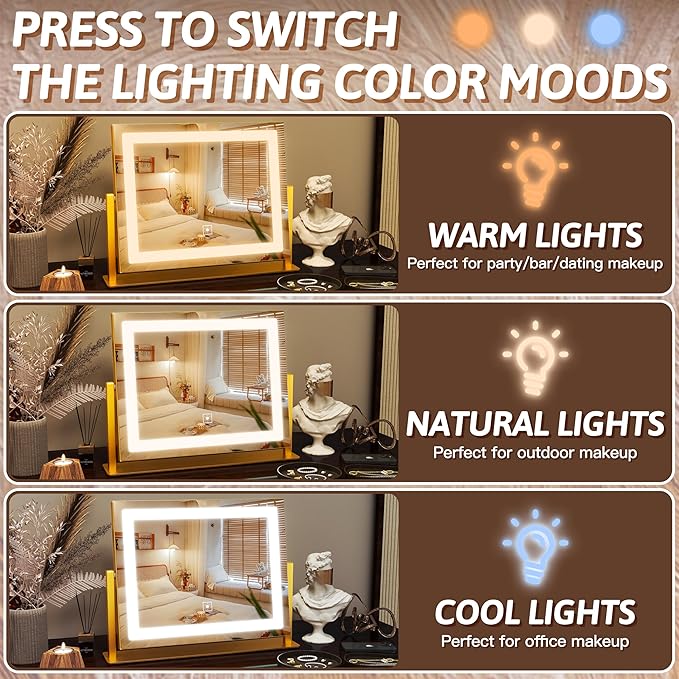FENNIO Vanity Mirror with Lights, 12" x 16" Lighted Makeup Mirror with Smart Touch Control, 3 Color Modes & Brightness Adjustable, LED Makeup Mirror with 10X Magnification, Square Gold