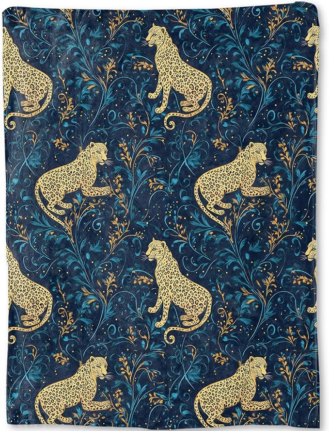 Leopard Blanket - Elegant Golden Leopards Dark Blue Fleece Throw,Gifts for Kids Adult, Soft & Warm,Lightweight, for Modern Rustic Art Decor, Animal Lovers, and Room Home Accents 60x80in