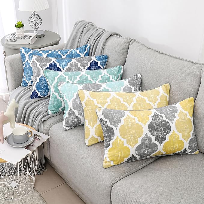 Beauoop Pack of 2 Throw Pillow Cases Covers for Couch Bed Sofa Farmhouse Double Sided Printed Colorful Geometric Trellis Moroccan Pattern Lumbar Pillow Covers, 12 X 20 Inches, Aqua Gray