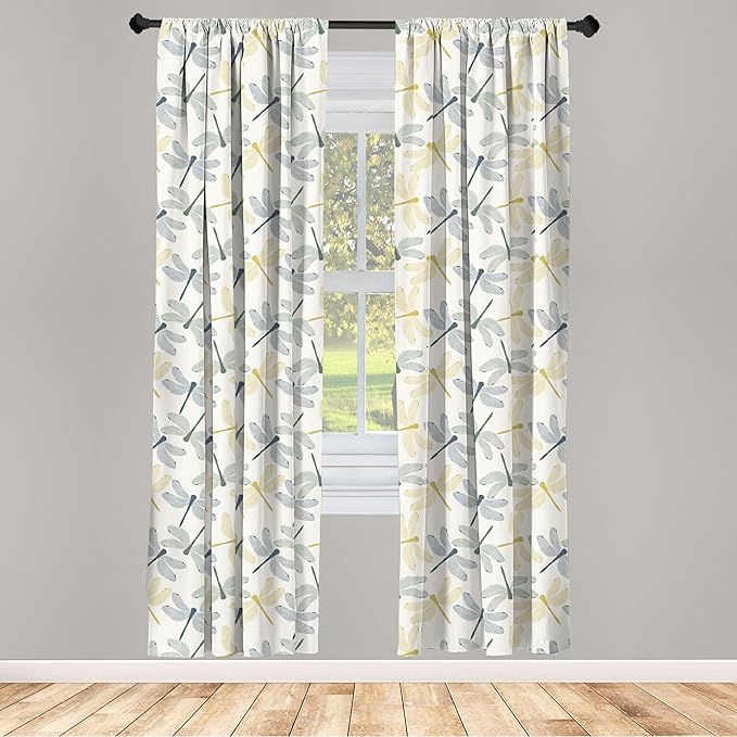 Ambesonne Dragonfly Curtains, Colorful Silhouettes of Exotic Insects Open Wings Beauty of Nature, Window Treatments 2 Panel Set for Living Room Bedroom, Pair of - 28" x 95", Green Mustard